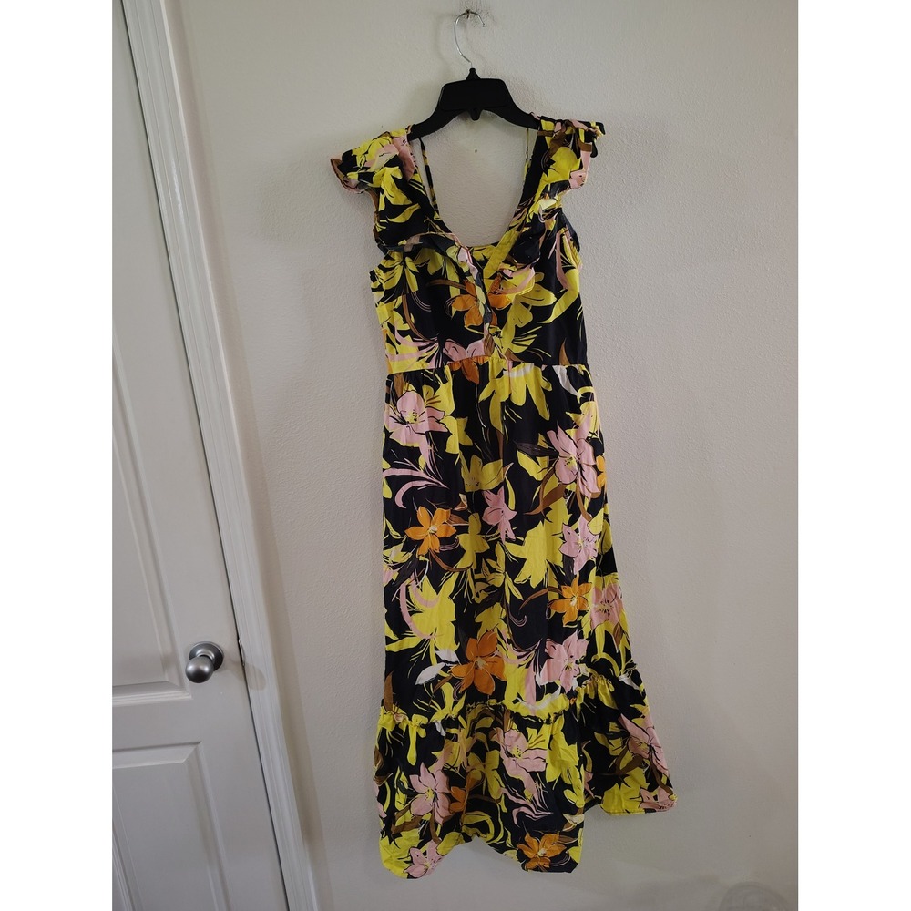Who What Wear Floral Ruffle Maxi Dress Yellow Pink Black Tropical V-Neck Medium